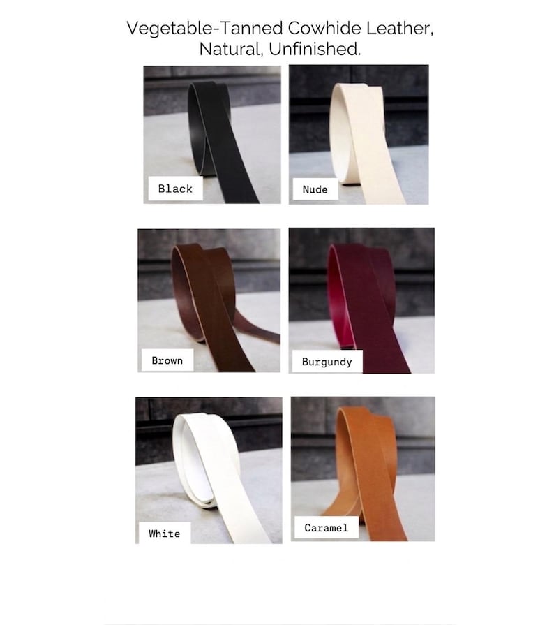 May include: Image of vegetable-tanned cowhide leather in various colors: black, nude, brown, burgundy, white, and caramel. The text reads "Vegetable-Tanned Cowhide Leather, Natural, Unfinished."
