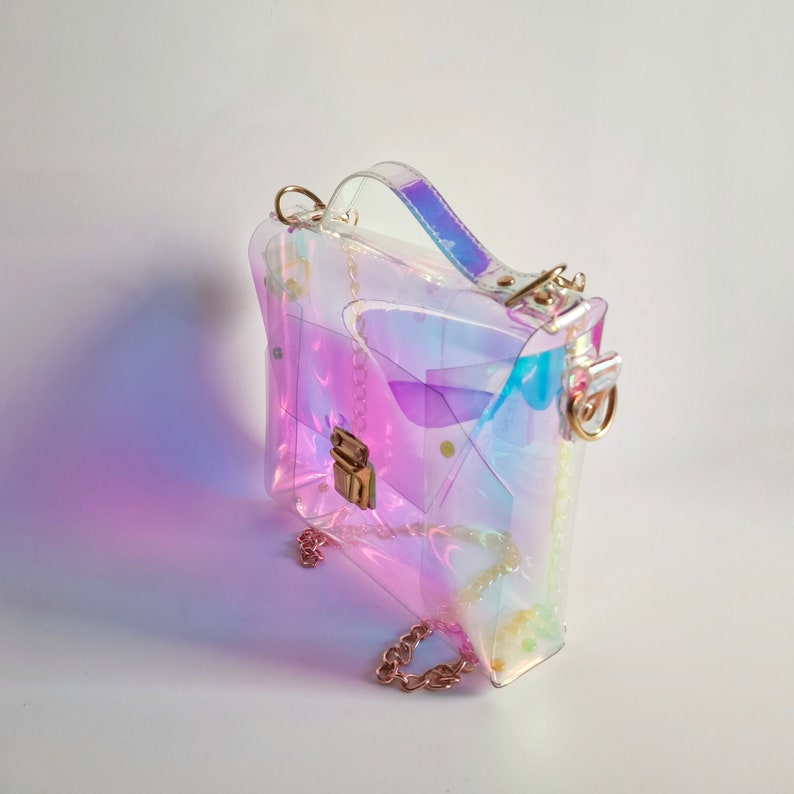 Prism handbag, holographic messenger, iridescent satchel, unique purse, rainbow fashion, magic cartoon mood, 90s nostalgia, vegan cute bag 