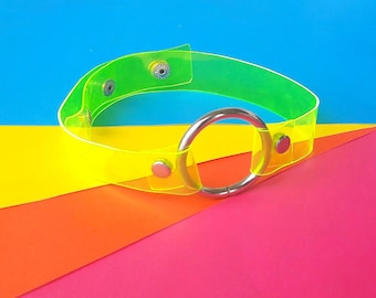Neon Yellow Vinyl Choker UV Reactive Rave Cyber Goth O Ring Collar Y2K Festival Jewelry Fluorescent Blacklight Clubwear