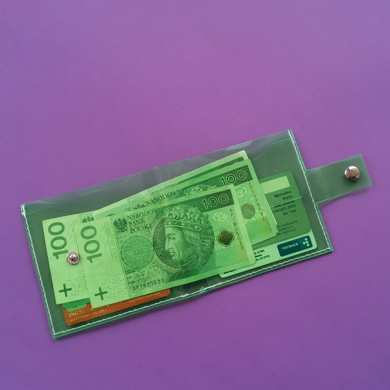 Pu&ograve; includere: Un portafoglio trasparente verde che contiene diverse banconote polacche da 100 zloty. Il portafoglio ha una chiusura a scatto e un accento verde. Lo sfondo &egrave; di colore viola.