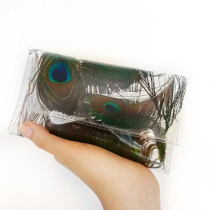 Sac pour téléphone portable avec plumes de paon, petit sac à main transparent transparent, support pour téléphone unique fait main végétalien inspiré de la nature !