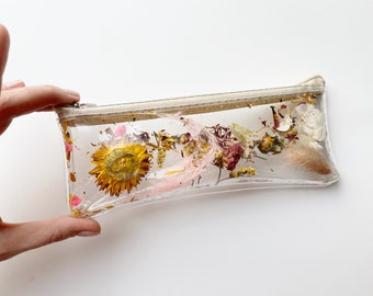 Natural pencil case, for student, floral style, petals, ombre brown pink, botanical, pressed flowers, real flowers, ready to ship, vegan