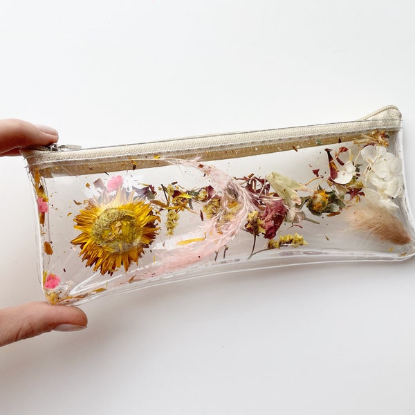 Natural pencil case, for student, floral style, petals, ombre brown pink, botanical, pressed flowers, real flowers, ready to ship, vegan