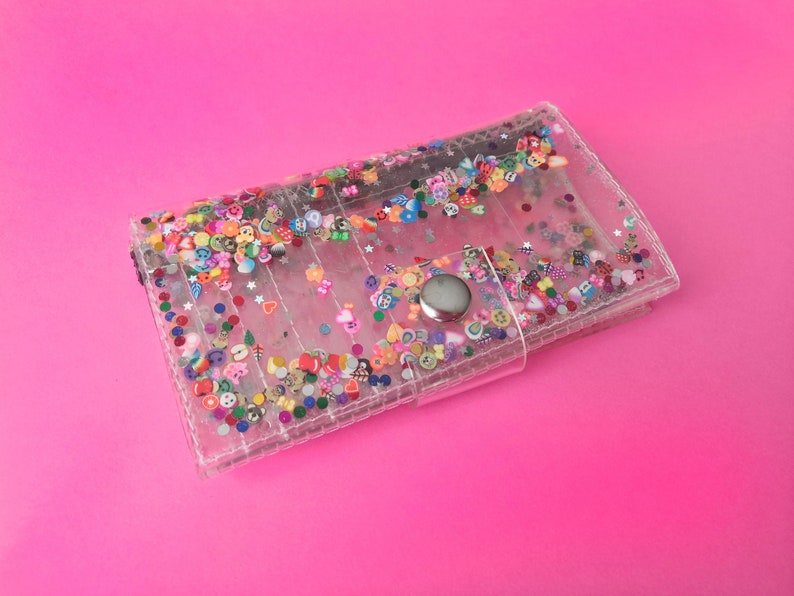Kawaii wallet, cute medium coin, fimo and glitter, transparent wallet, vegan, 90s accessories, unicorn and rainbow, girly, gift for teens image 1