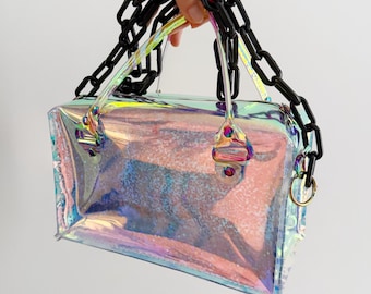 Holographic Rave Boxy Bag shifting Glitter Rainbow Hardware Transparent Vinyl Trunk Bag Festival Cyberpunk Holographic Purse