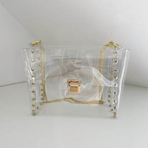 Clear deluxe bag, transparent glam handbag, vinyl clear bag, premium unique clear bag, transparent purse with chain, mass parties purse