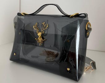 Black Transparent Vinyl Briefcase Bag Smoked Clear Crossbody Purse Minimalist Retro Handbag Deer Clasp Vegan Luxury Statement Bag