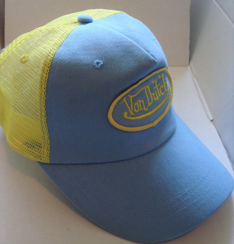 Vintage Von Dutch Mesh Trucker Biker Snap back Hat Cap Adjustable Blue Yellow Circa Y2K pre owned