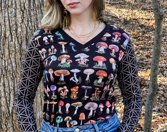 Long Sleeve Mushroom Shirt, Women's Long Sleeve V-neck Shirt, Vintage Mushroom Sacred Geometry Long Sleeve Shirt