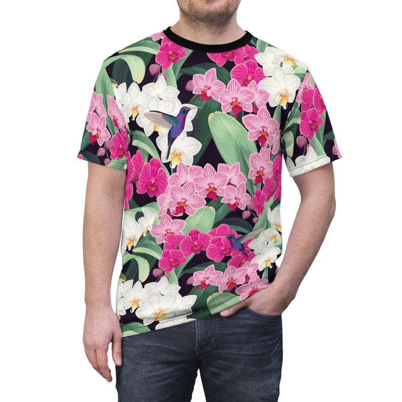 Tropical Orchid Hummingbird Unisex Tee image 1