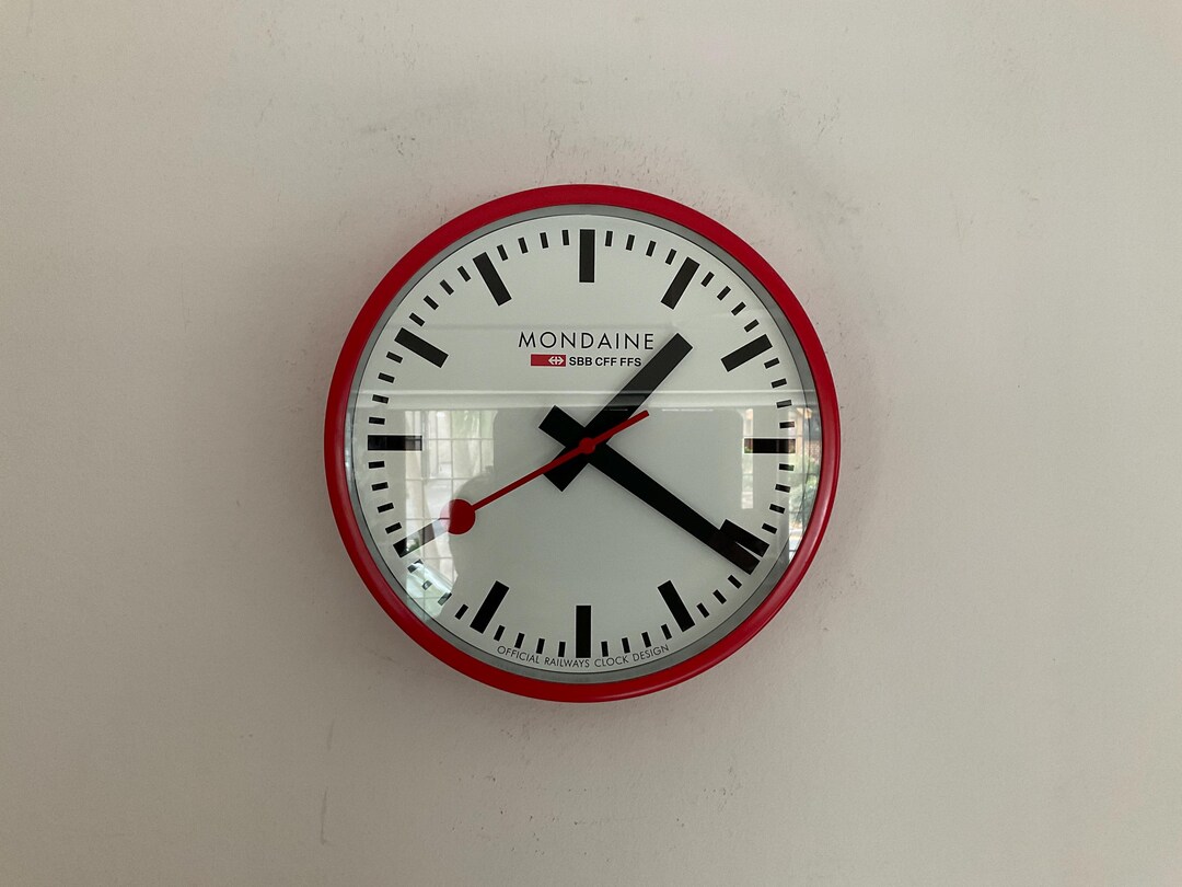 Classic Vintage Mondaine Swiss Rail Wall Clock, Red, Mint