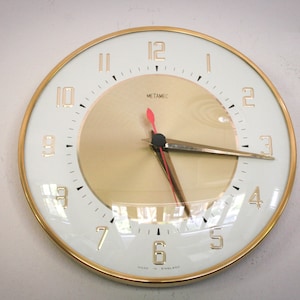 Vintage Clock, Metamec, Wall Clock, Gold & White, 1970s, 1960s