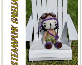 AMELIA the STEAMPUNK PILOT/Amigurumi/flight/Earhart/Toy Doll/Crochet/Physical Doll/Birthday Girl/Pilot/Aviator