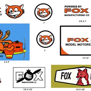May include: A collection of vintage Fox Model Motors logos featuring a cartoon fox in various poses. The logos are printed in black, white, orange, and red on a white background. The logos include the text "Fox Manufacturing Co." and "Fox Model Motors".