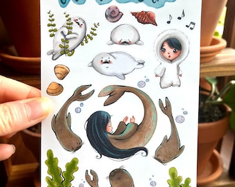 Fate of the Selkie Sticker Sheet | Hand-drawn Whimsical Nautical Fantasy Art for Journaling, Planners, Scrapbooking, or Decor