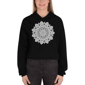 White Detailed Mandala Crop Hoodie Sweater Sweatshirt Gift