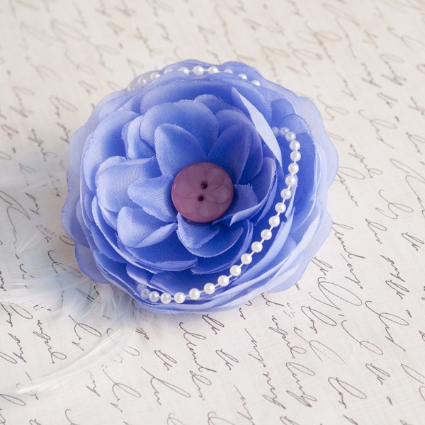 Purple Layered Peony Flower Fascinator with Button Center, White Feather and Faux Pearl Accents