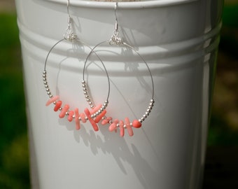 Beaded Silver and Pink Coral Hoop Earrings