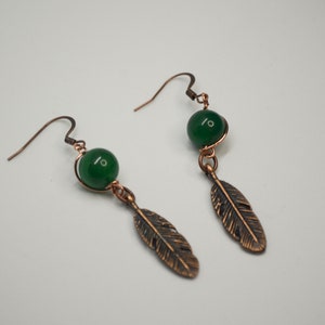 Antique Copper Feather with Wrapped Green Agate Accent