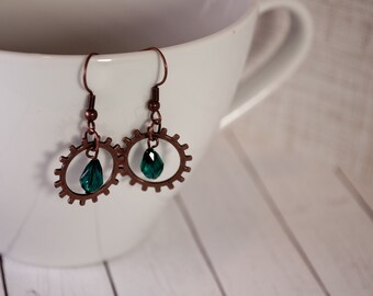 Antique Copper Gear Earrings with Dark Teal Swarovski Drop