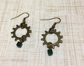 Antique Brass Gear Earrings with Dark Green Swarovski Accent