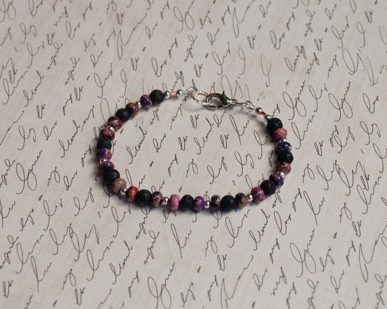 Black Lava Rock and Purple Jasper Beaded Bracelet