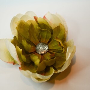 Large Green Layered Flower Ponytail Holder with Button Center