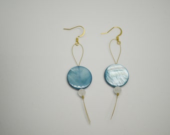 Gold Earrings with Floating Blue Mother of Pearl Coins