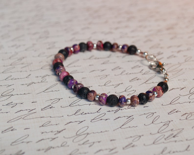 Black Lava Rock and Purple Jasper Beaded Bracelet