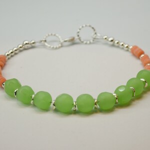 Mint Green and Pink Coral Beaded Bracelet with Silver Accents