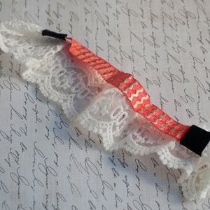 Ivory Ribbon with Coral and Gold Chevron Elastic Headband