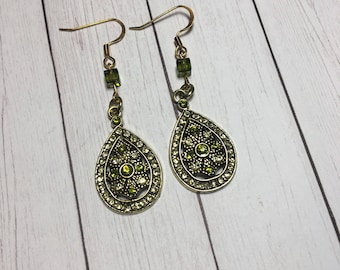 Gold Tone Teardrop Earrings with Green Accents