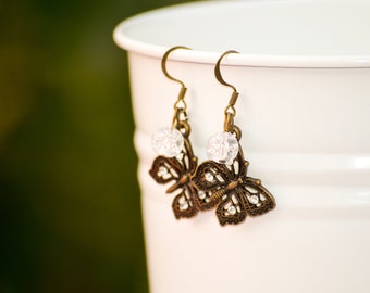 Antique Copper Butterfly Earrings with Shattered Glass Accent