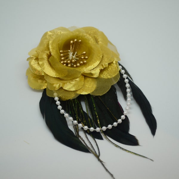 Gold Rose and Black Iridescent Feather Fascinator on Alligator Clip