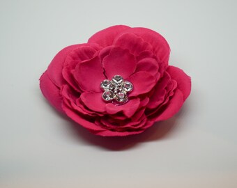 Bright Pink Layered Flower with Rhinestone Center with Alligator Clip