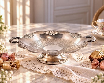 May include: A silver-toned metal pedestal bowl featuring an ornate, scalloped rim with intricate cut-out detailing and two side handles. The center of the bowl displays a detailed embossed floral pattern, and it rests on a circular base.