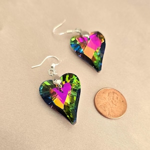 Iridescent Swarovski Crystal Heart Earrings: Sterling Silver Wires