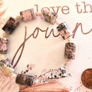 Rhodochrosite beaded bracelet, Faceted tube shaped Rhodochrosite beads, Woman&#39;s natural stone bracelet, Gemstone jewelry