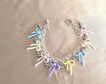 Pastel Bow Charm Bracelet • Kawaii Soft Girl Silver Chain