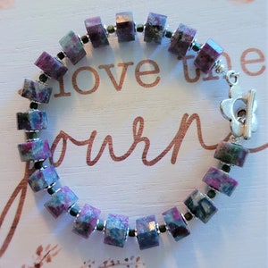 Ruby Zoisite Heishi Bracelet: Natural Stone, Silver Flower Toggle