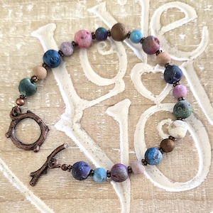 Multi-Colored Druzy Beaded Bracelet: Natural Stone, Copper Toggle