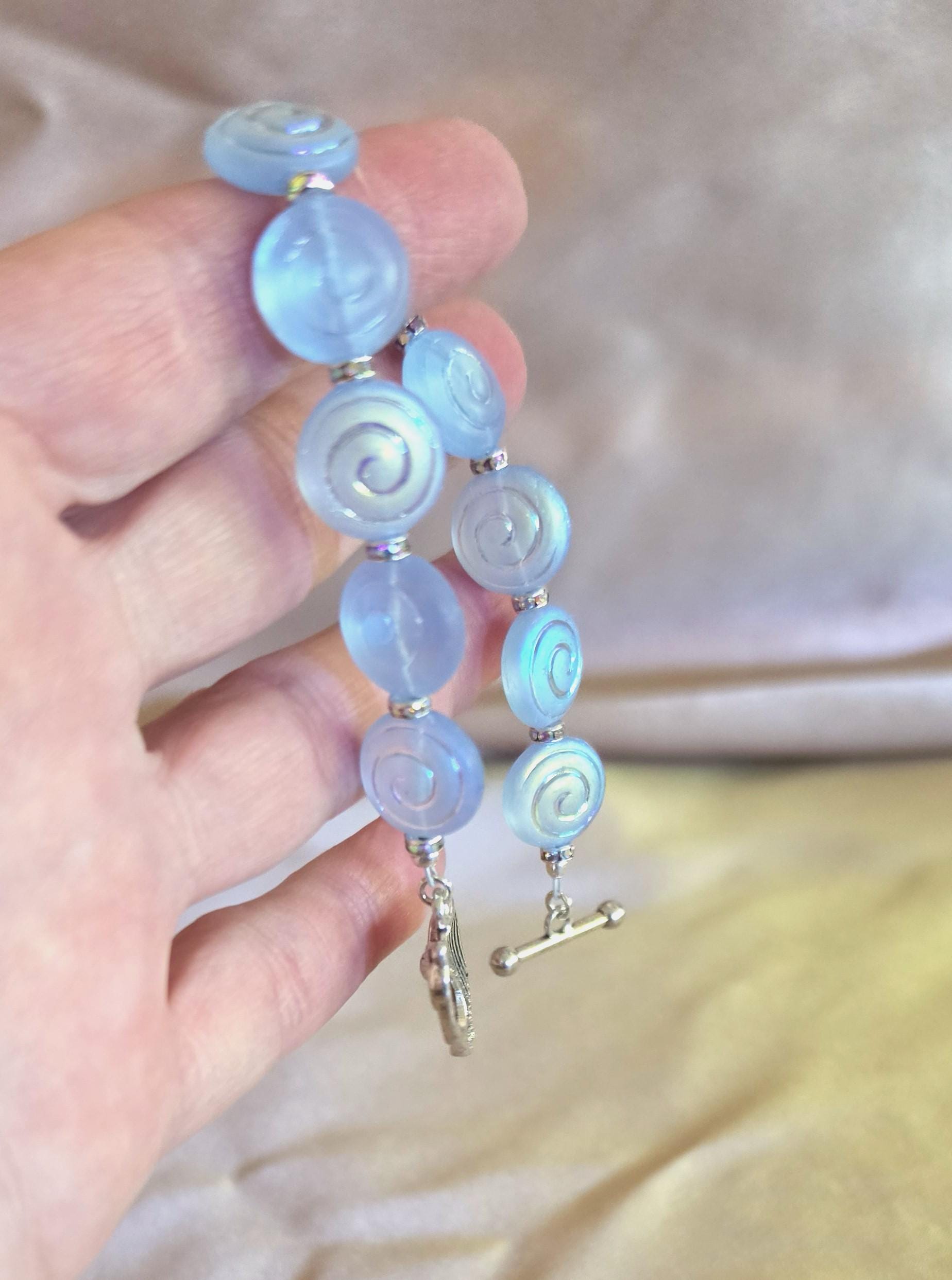 Blue Swirl Beaded Bracelet with Silver Owl Toggle Clasp