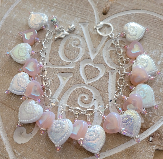 Pink Beads and Silver Heart Spacers Bracelet