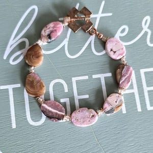 Rhodochrosite beaded bracelet with toggle clasp, Rhodochrosite beads, Natural stone jewelry, Gemstone bracelet, Woman&#39;s bracelet