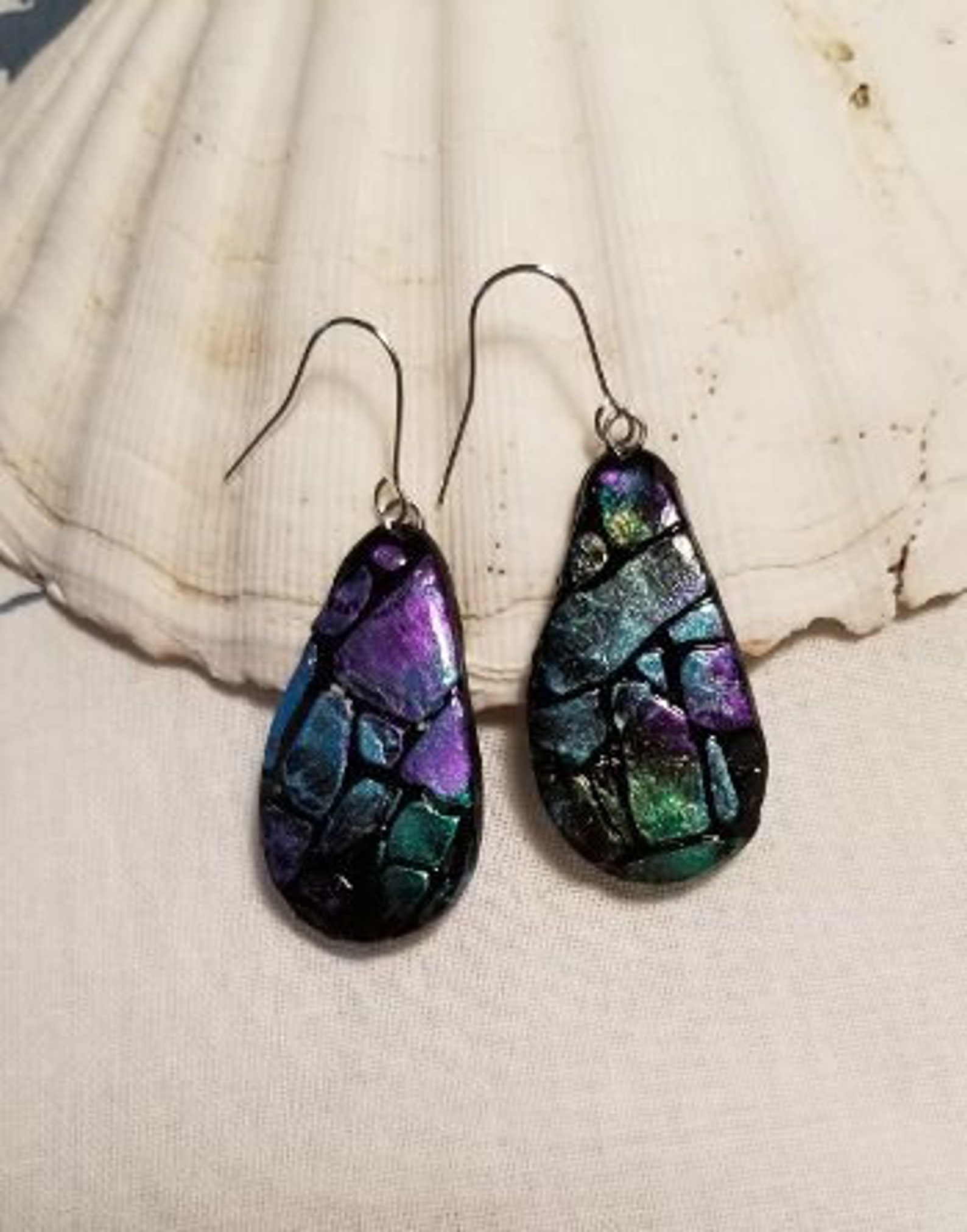 Stained glass earrings painted in glittery acrylic paints. Etsy
