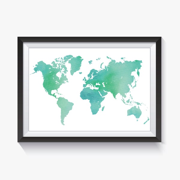 Sea Foam Green Watercolor World Map Silhouette Download | PDF & JPG