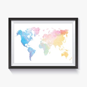 Mapa del mundo con silueta de acuarela y arcoíris Descargar / PDF y JPG