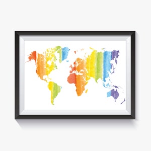 Mapa del mundo con siluetas de arcoíris para descargar en formato PDF y JPG