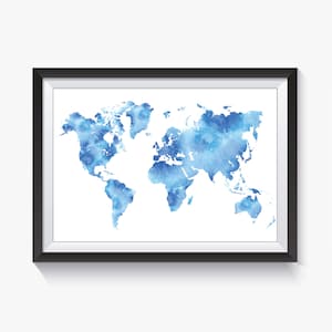 Mapa del mundo en acuarela azul con siluetas Descargar / PDF y JPG
