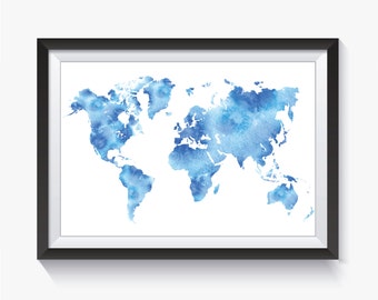 Watercolor World Map - Blue Watercolor Map - Blue World Map - World Map Print - Printable World Map - Travel Map - Map Poster - Home Decor